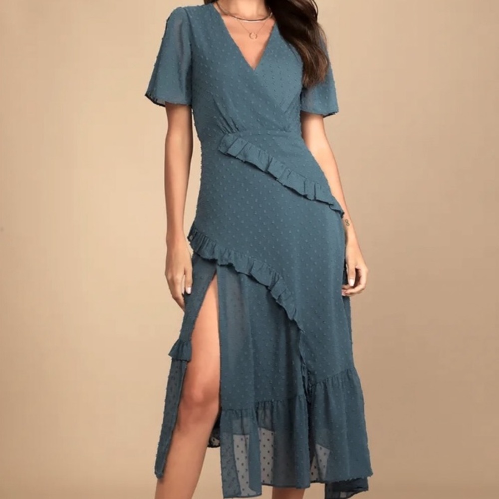 Lulu’s Next To You Slate Blue Swiss DotRuffled Dress Size S